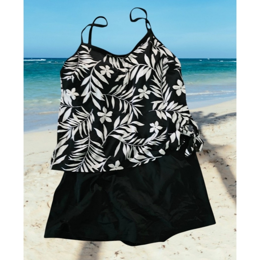 Via Marina One Piece Palm Leaf  Swim Dress Black & White Size 14